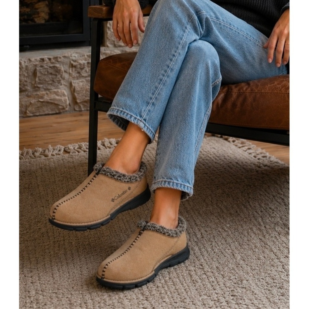Columbia Cortina Suede Tan Fur Lined Whipstitch Mules Womens 7 Hygge gorpcore